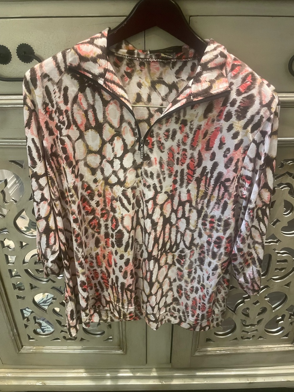 Women's Printed Half-Zip Pullover Top in Multi Pink and brown